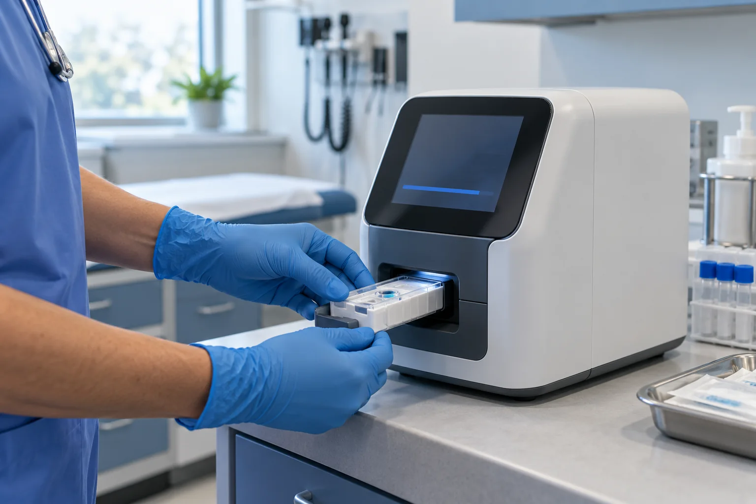 Gloved healthcare worker inserting a molecular test cartridge into a compact analyzer