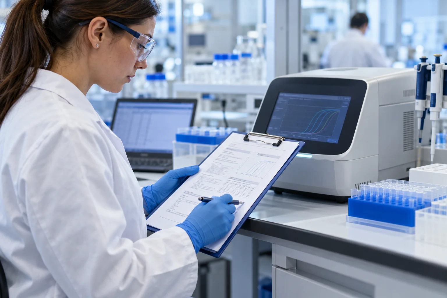 Specialist reviewing molecular assay validation documents in a laboratory